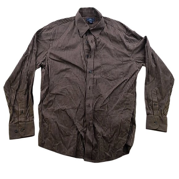 Dockers Mens Dress Shirt Large Pinstriped Long Sleeve Button Up Classic Brown - Picture 1 of 11